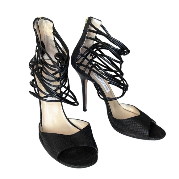 Jimmy Choo "Quantum" Black Leather Lattice Strap Sandals Size 10.5 (40.5) - Picture 6 of 8